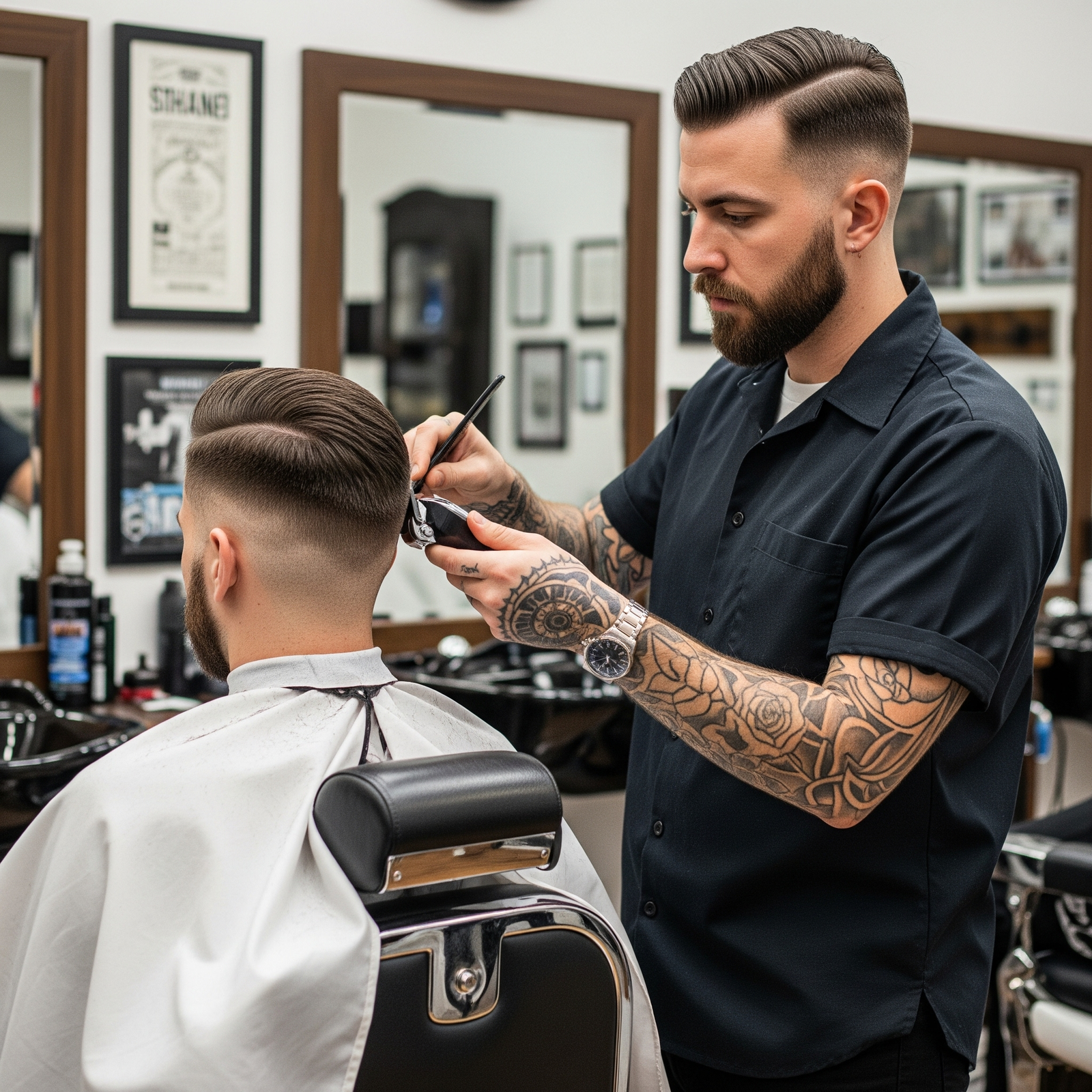Barbero concentrado realizando un corte de pelo.